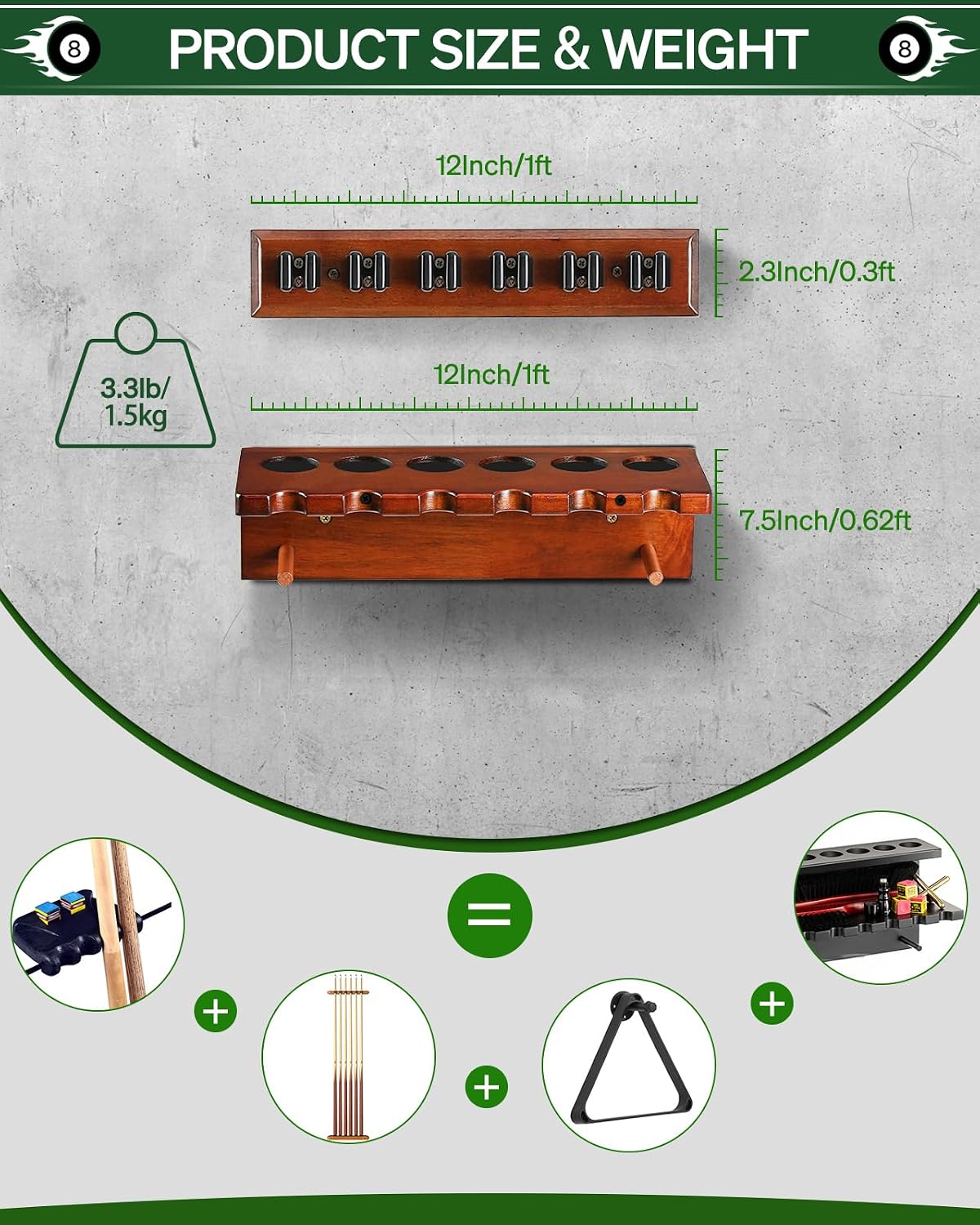 Wall Mount Pool Cue Rack Stick Holder, Billiards Rack | Solid Oak Hardwood Pool Cue Set Holder For Sticks Storage.