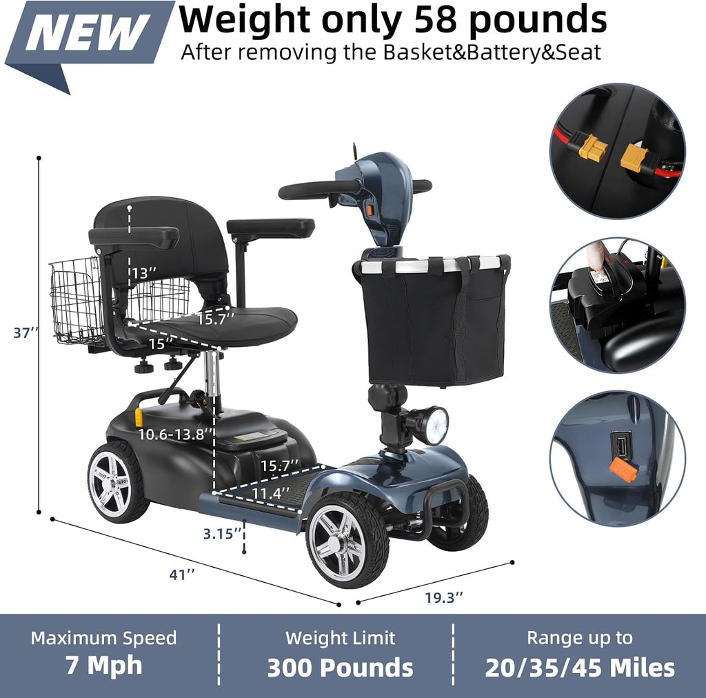 45 Miles 4 Wheels Mobility Scooter for Seniors/Adults Up to 300LBS,350W Electric Wheelchair Detachable Lithium