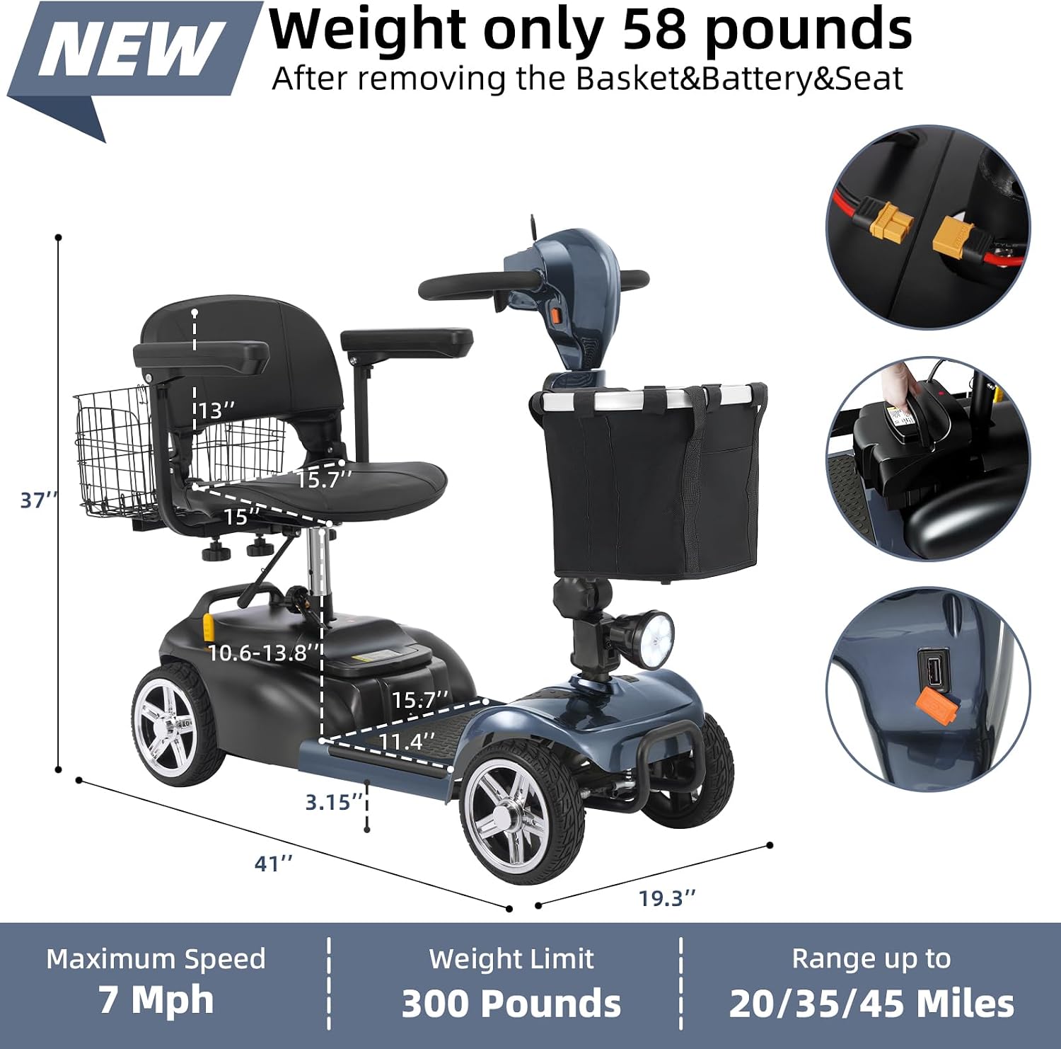 45 Miles 4 Wheels Mobility Scooter for Seniors/Adults Up to 300LBS,350W Electric Wheelchair Detachable Lithium