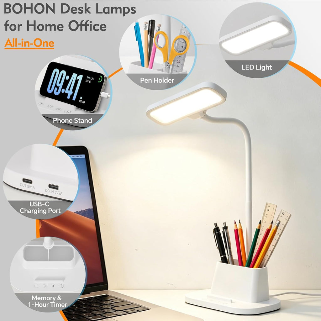LED Desk Lamp for Dorm Small Desk Lamp with Pen Holder 5 Color Modes White | Dimmable Touch Control, USB Charging