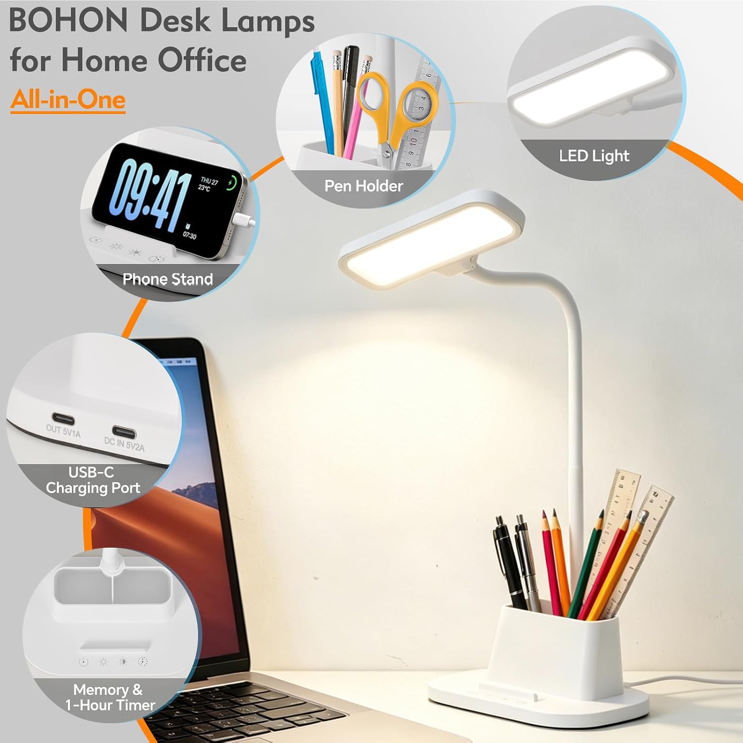 LED Desk Lamp for Dorm Small Desk Lamp with Pen Holder 5 Color Modes White | Dimmable Touch Control, USB Charging