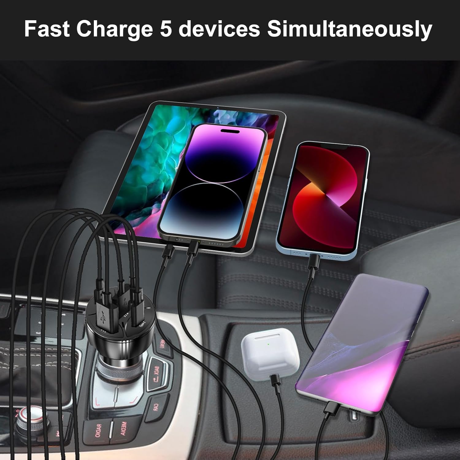 USB C Car Charger Adapter, 5 Ports 75W PD 3.0 Car Phone Charger Fast Charging Compatible with iPhone 16/15/14/13 Pro