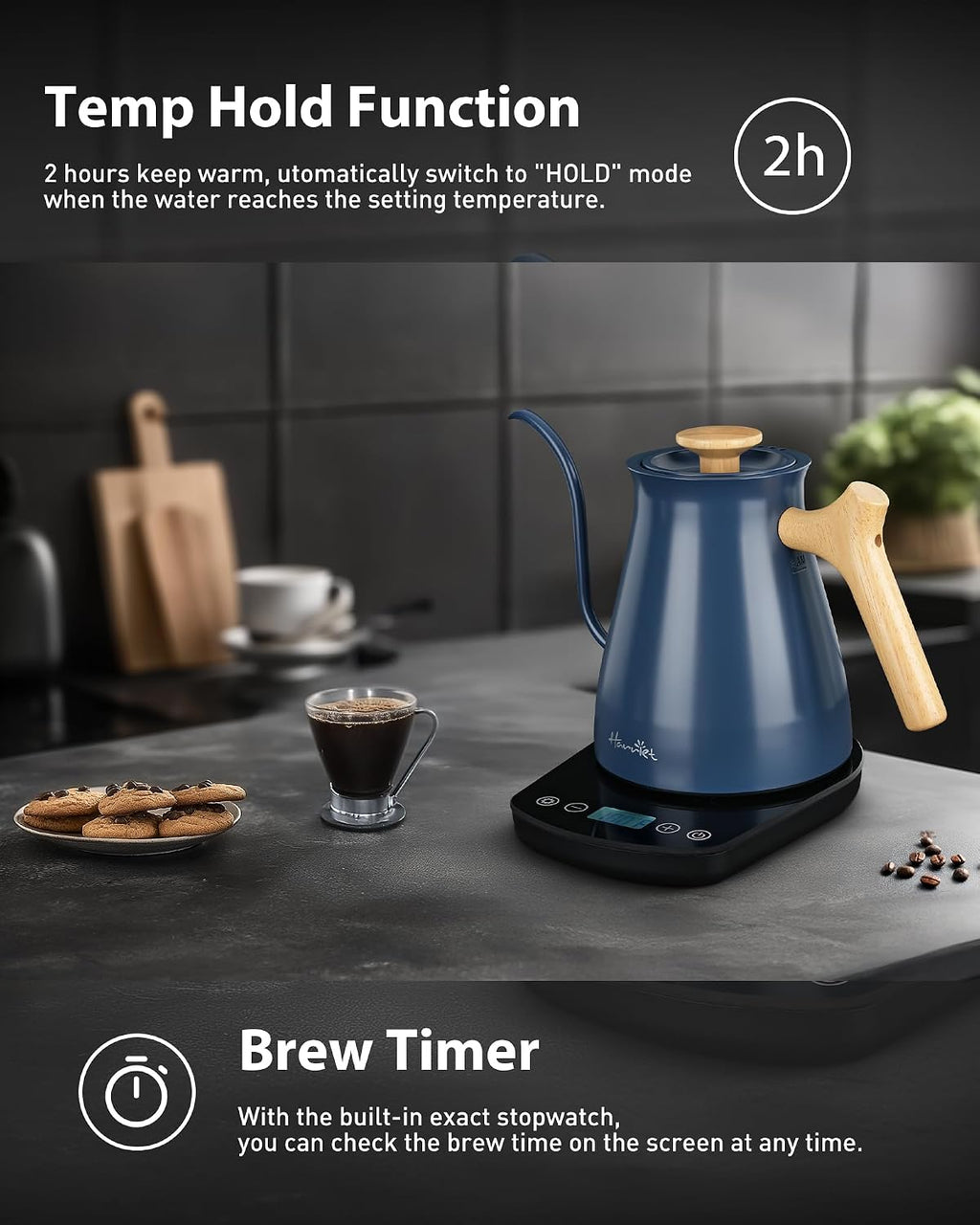 Gooseneck Electric Kettle, 0.8L, 1°F Control, Brew Timer | 120-Min Keep Warm, 104–203°F Control, Built-In Brew Timer