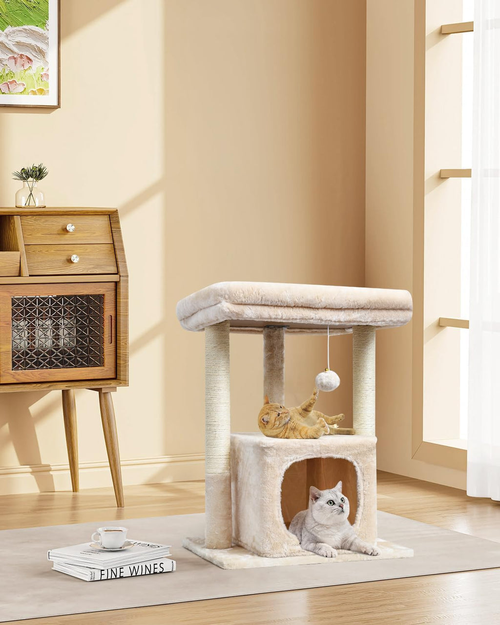 27" Cat Tree for Indoor Cats, Activity Tower with Scratching Posts, Modern Kitten Condo with Plush Perch & Hanging