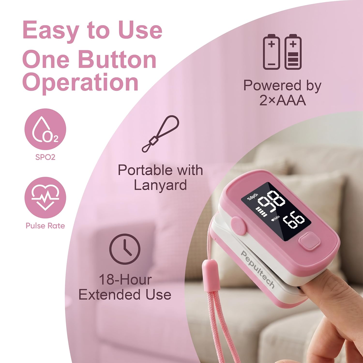 Pink Fingertip Pulse Oximeter,Blood Oxygen Saturation Monitor for Kids Adults, High Accuracy O2 Meter for All