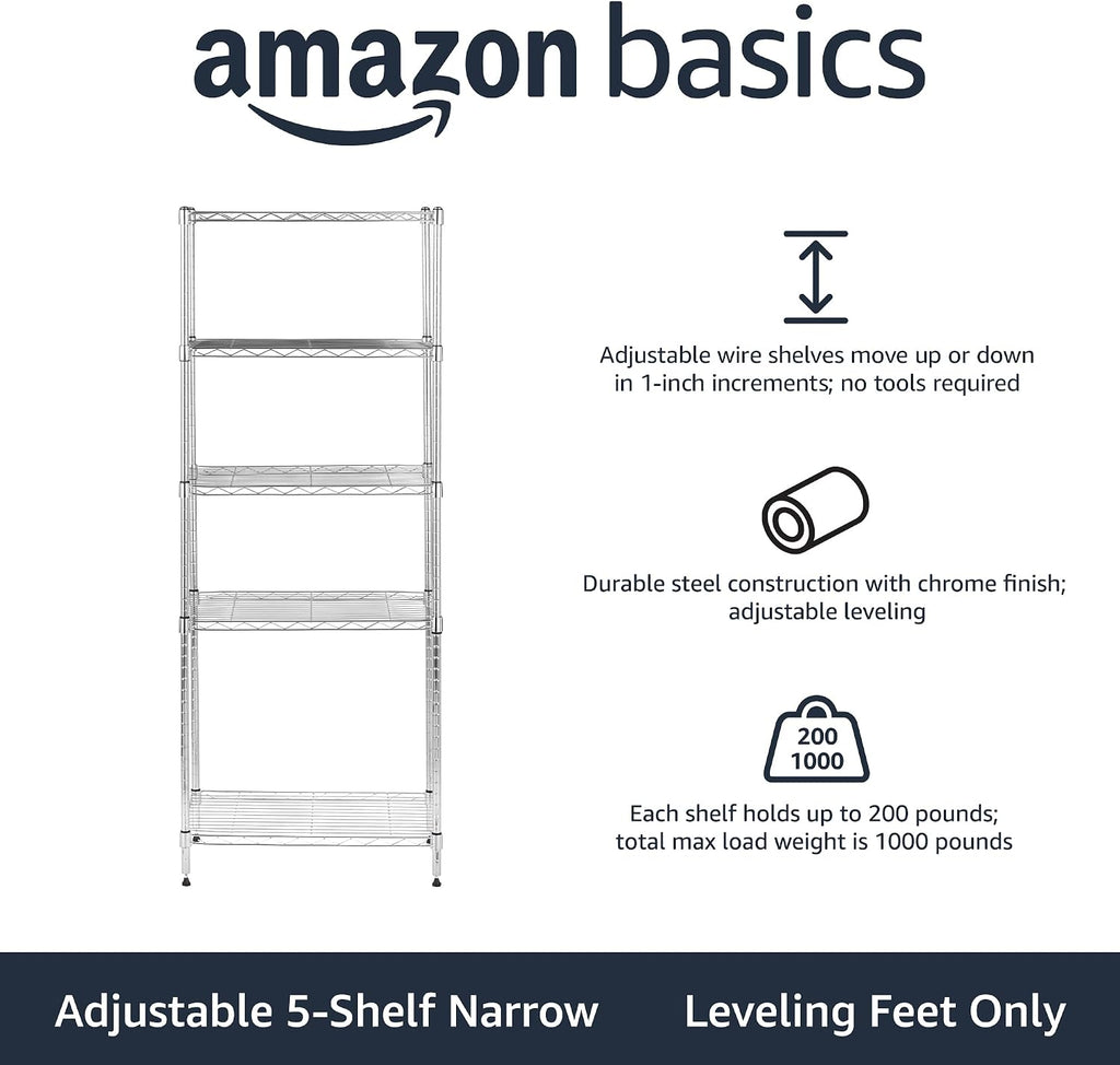 5-Shelf Adjustable Storage Shelving Unit for Garage, Steel Wire Rack, 200 Pound Loading Capacity per Shelf, 23.2" x