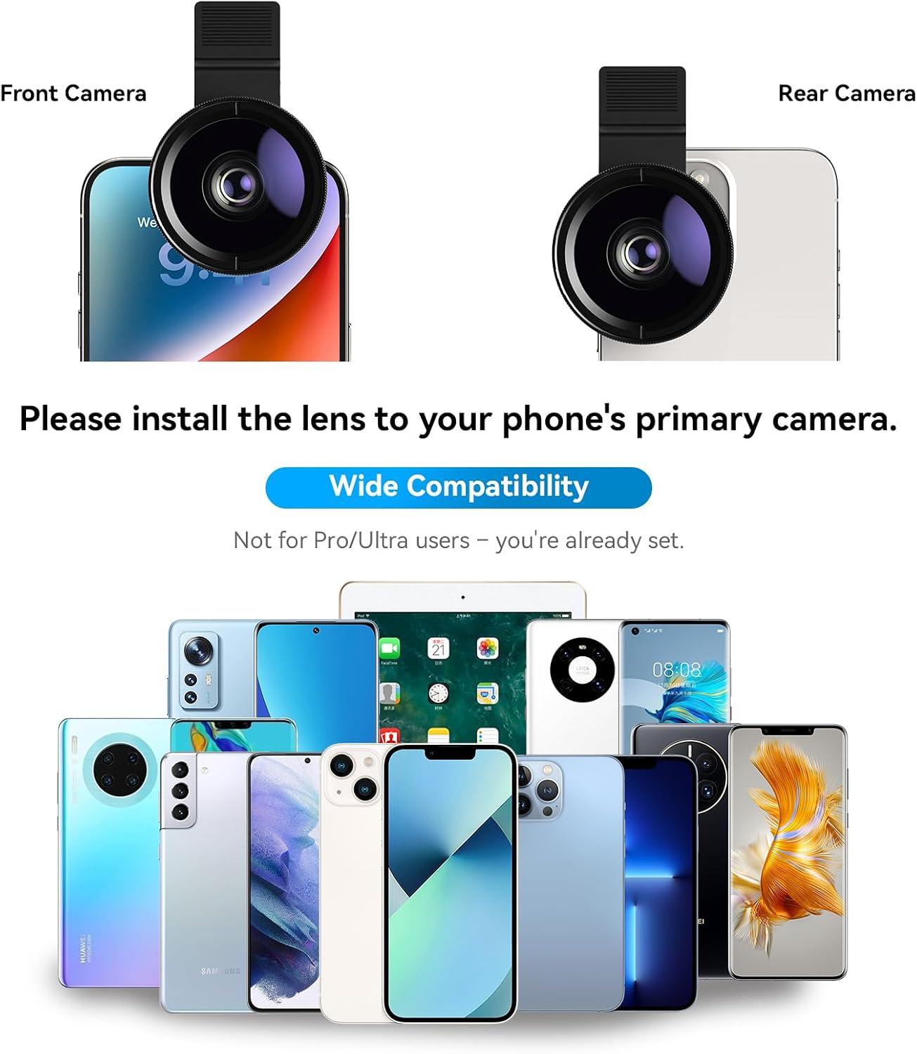 0.45x Wide Angle & 12.5X Macro Lens, Clip-On Phone Camera Kit | for iPhone & Android – Perfect for Selfies, Travel