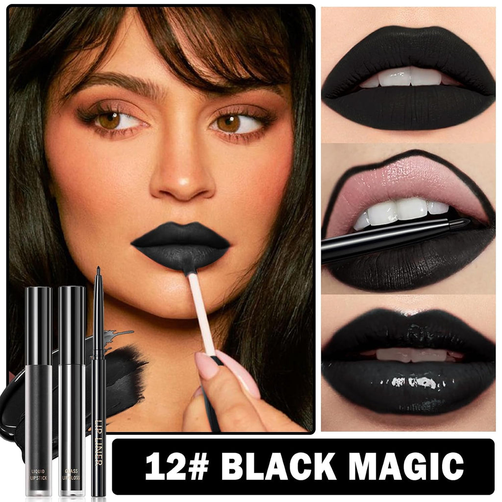 3 in 1 Black Lip Liner and Lipstick Lip Gloss Set (12 Black Magic) | Long-lasting Matte Velvet Goth Makeup,Nonstick