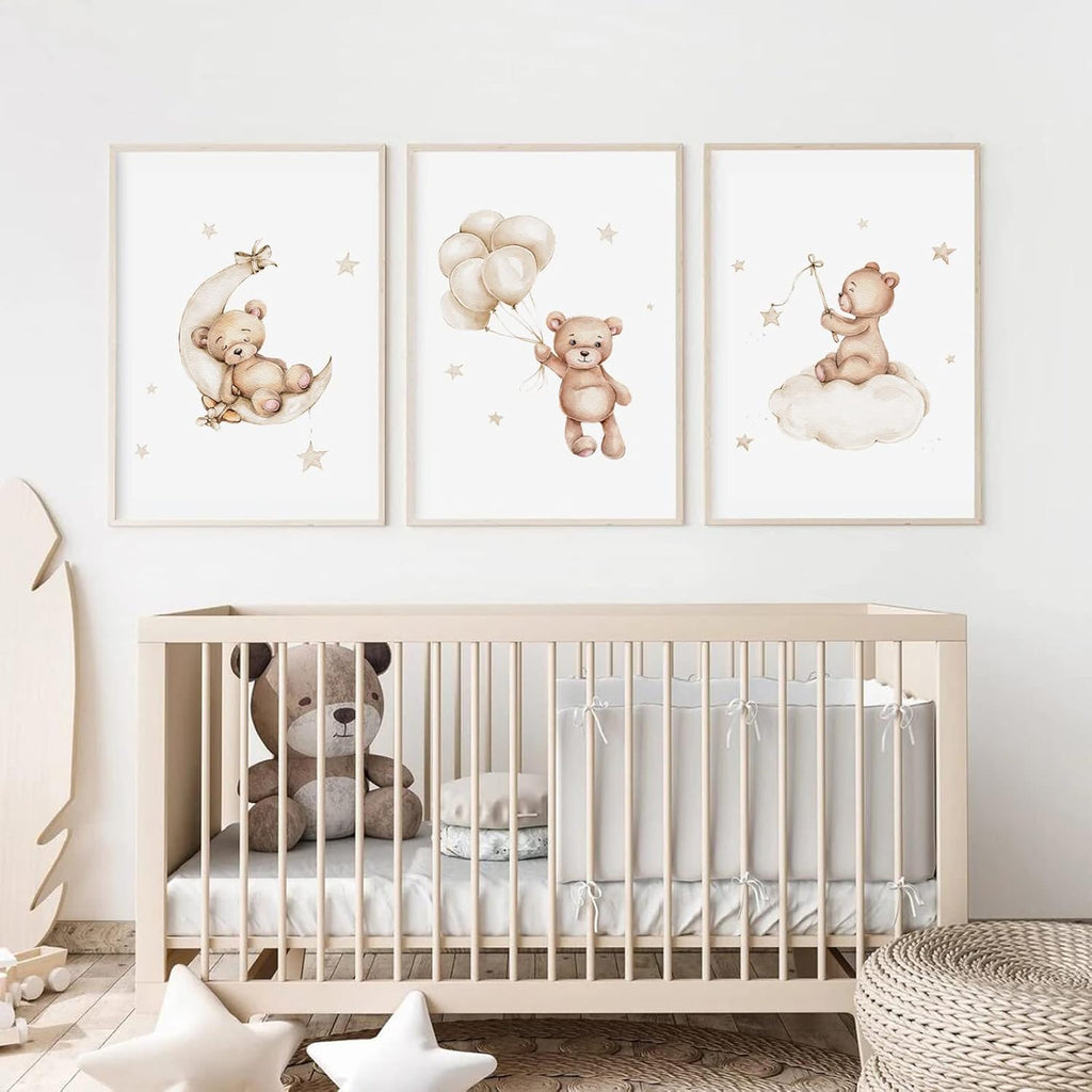 Bear Nursery Wall Art Decor Set of 3 Teddy Bear Canvas Wall Art Baby Boy Nursery Decor Prints Neutral Pictures Moon