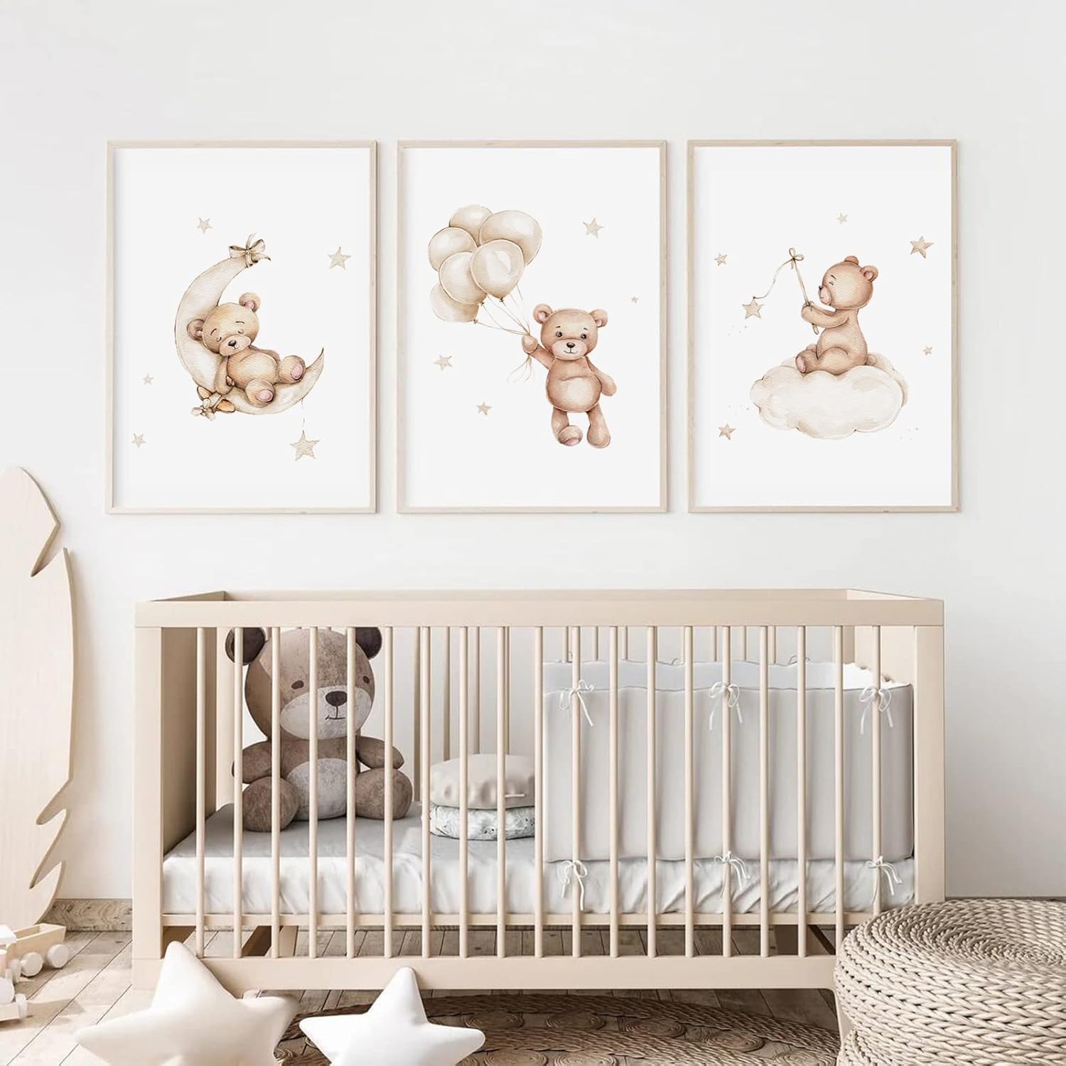 Bear Nursery Wall Art Decor Set of 3 Teddy Bear Canvas Wall Art Baby Boy Nursery Decor Prints Neutral Pictures Moon