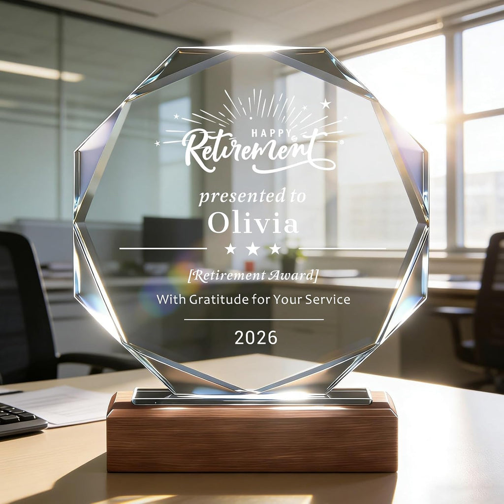 SHIP NEXT DAY, Personalized Crystal Award Trophy - Custom with Company Logo Text & Employee Name, Engraved Award for