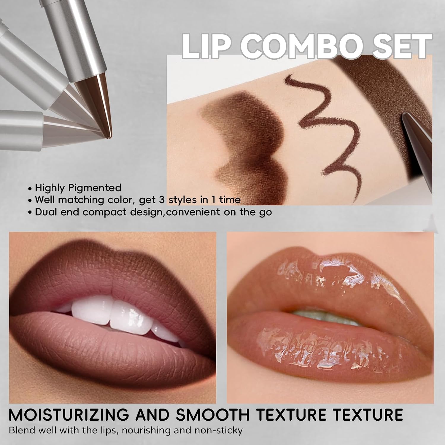 3Pcs Lip Combo Liner and Gloss Set, 2 in 1 Dual-Ended Moisturizing Plumping Brown Lip Liner Lipstick & High Shine