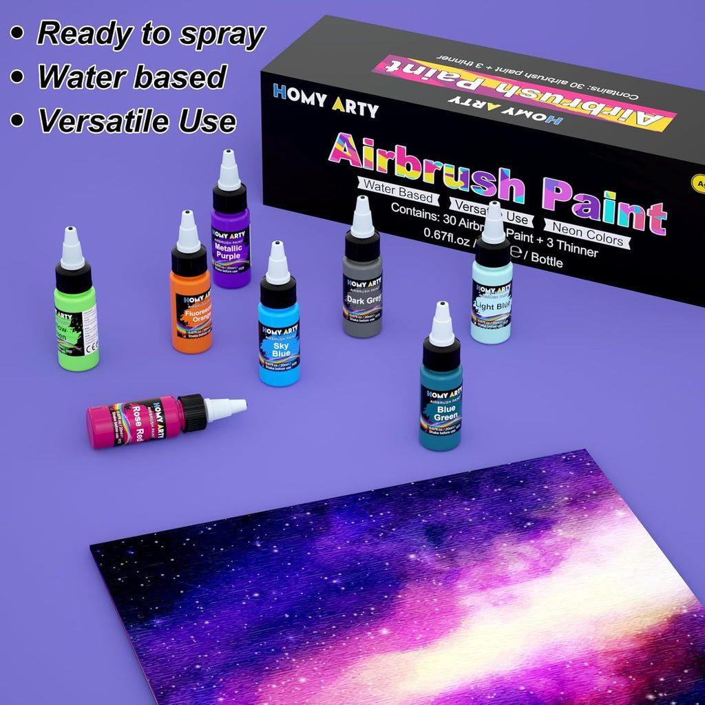 Airbrush Paint - 30 Colors with 3 Thinner | Ready to Spray Airbrush Paint Set, Water-Based Acrylic Air Brush Paints