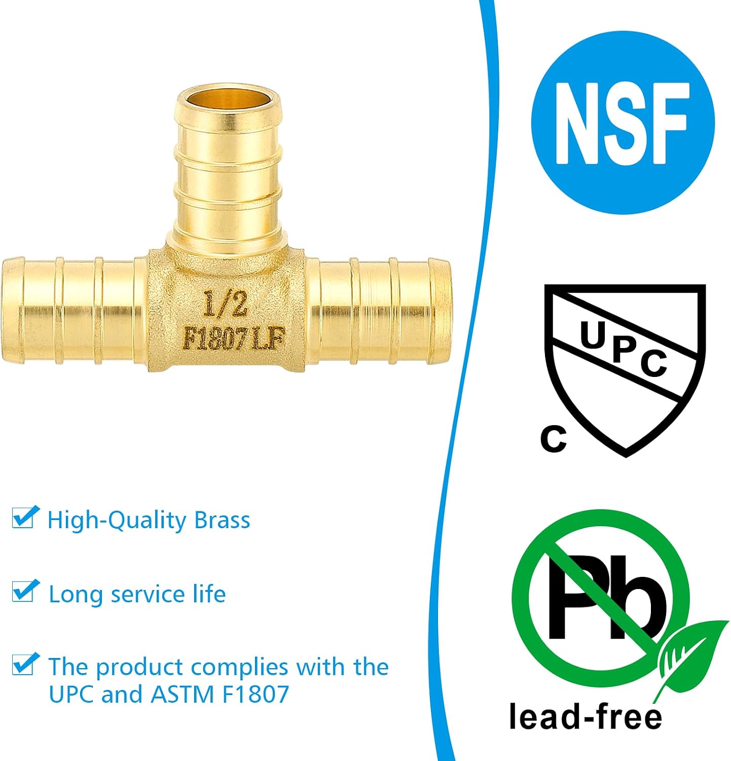 (Znkiok8 Pack) 1/2 Inch Pex Tee Fittings, For 1/2''Pex b Pipe,No Lead Brass,NSF,cUPC Certified.
