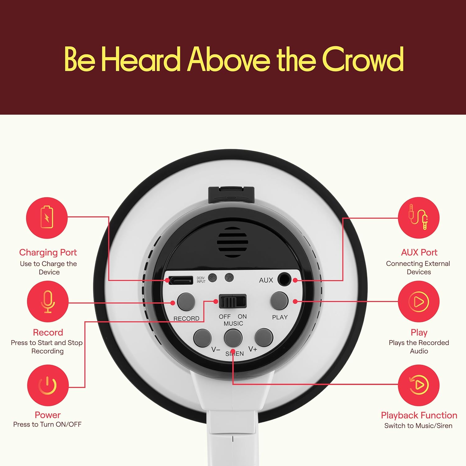 Rechargeable Bullhorn Megaphone with Voice Recording, AUX Input & Siren, USB-C Fast Charging, 1200-Yard Voice Range