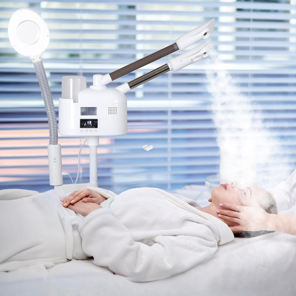 Professional 3 in 1 Facial Steamer, Stand on Wheels with 5X LED Magnifying Lamp, Use at Home or Salon SPA Esthetician