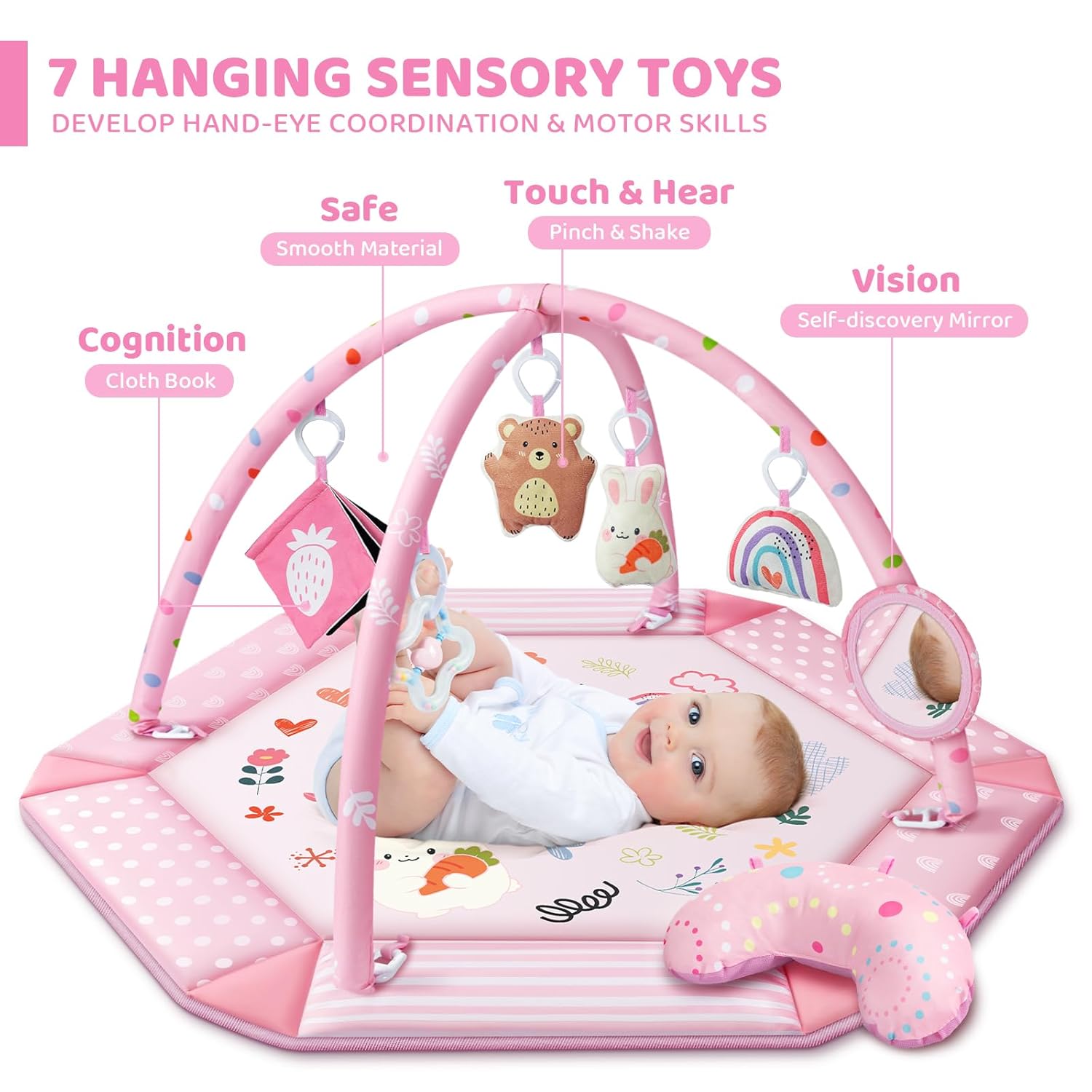 Baby Gym Play Mat, 8-in-1 Tummy Time Mat & Ball Pit with 6 Toys, Washable Baby Activity Mat for Visual, Hearing
