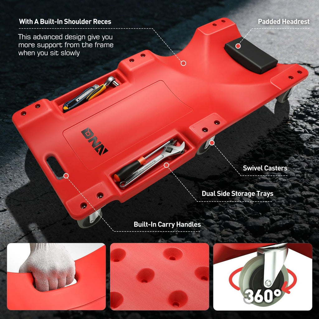 40 Inch Mechanic Creeper, Blow Molded Low Profile Rolling Garage Creeper, w/Padded Headrest, Dual Tool Trays, 350lbs