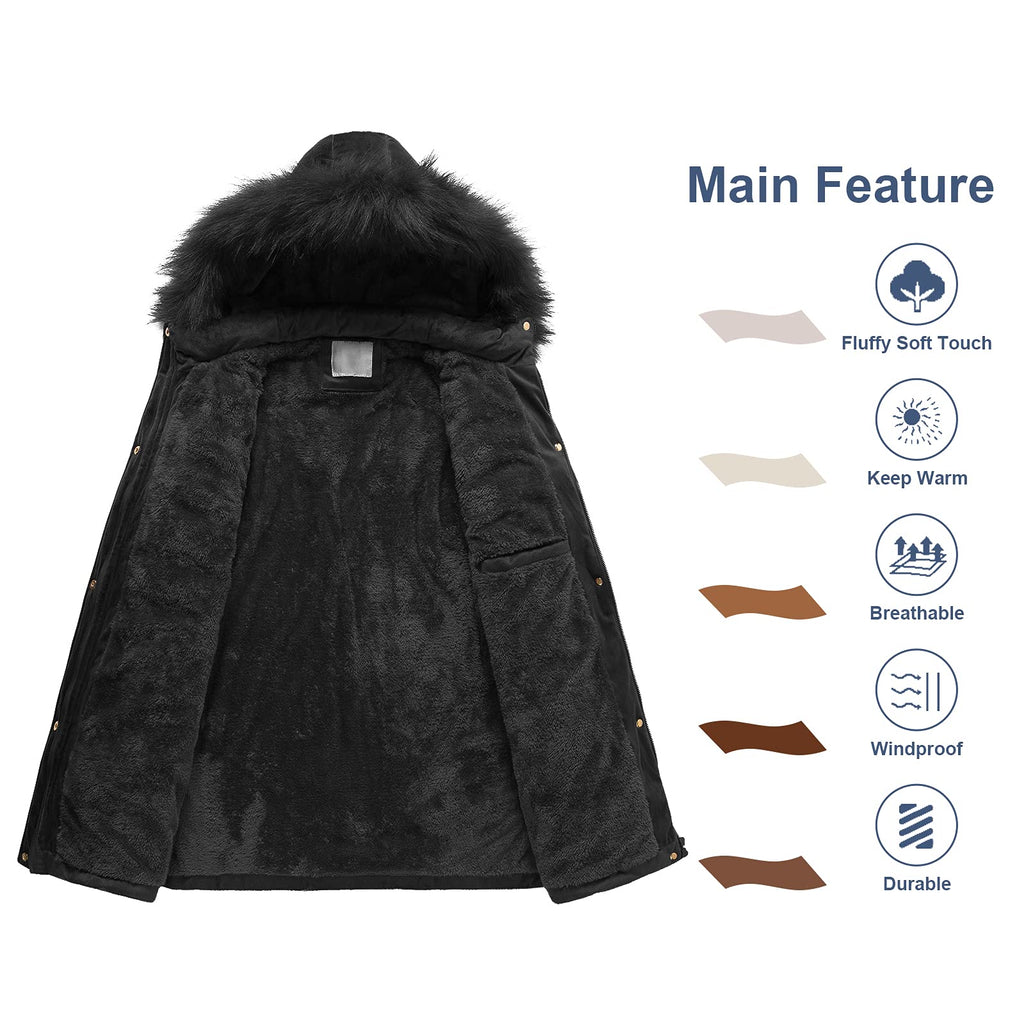 Women's Hooded Warm Winter Faux Fur Thicken Fleece Parkas Long Sherpa Coat M Black