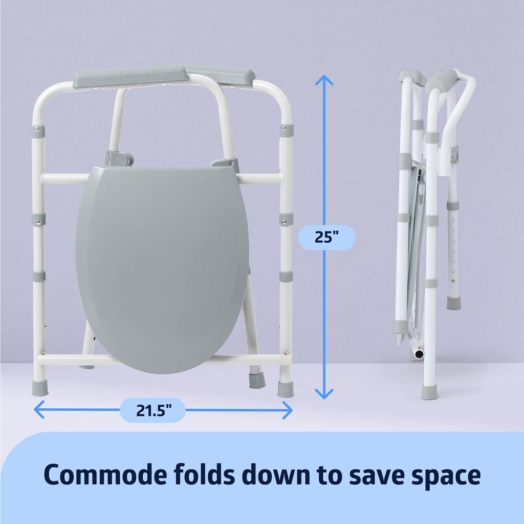 3-in-1 Elongated Bedside Commode, Portable Toilet, Sturdy, 16" to 22" Seat Height, 16.5" Seat, 7.5 Qt. Bucket