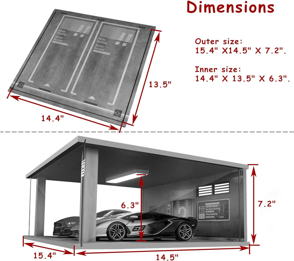 1/18 Scale Model Car Display Case for Die-Cast Cars, 2 Parkings 86 | 1:18 Car Garage Display Case with Clear Acrylic