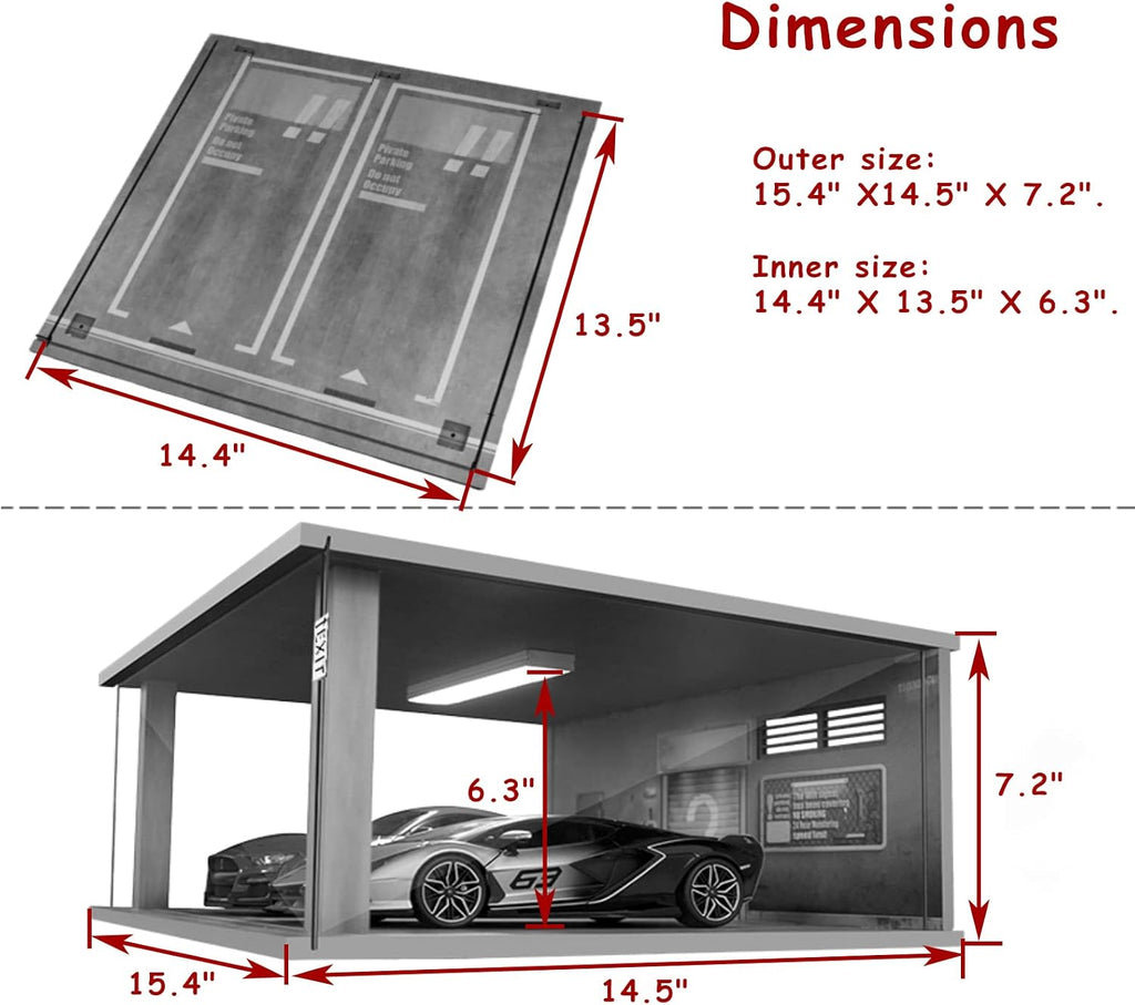 1/18 Scale Model Car Display Case for Die-Cast Cars, 2 Parkings Red | 1:18 Car Garage Display Case with Clear Acrylic