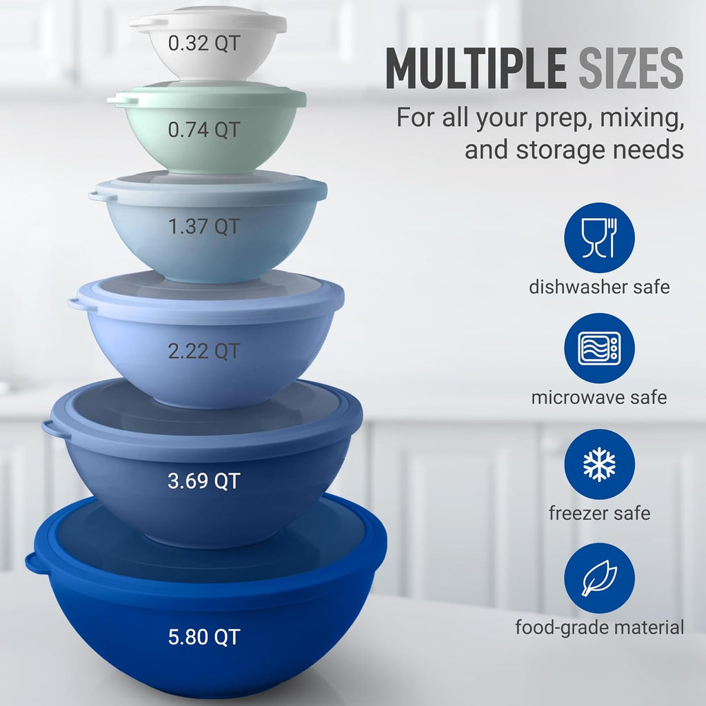 12 Piece Plastic Mixing Bowls with Lids Set - Leak-Proof Microwave & Freezer Safe Stackable Mixing Bowl Set for