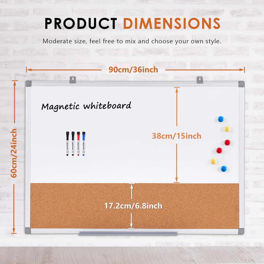 Magnetic Dry Erase and Cork Board Combo Hanging Whiteboard Notice Board for Wall Gift Home School Office, 36 x 24