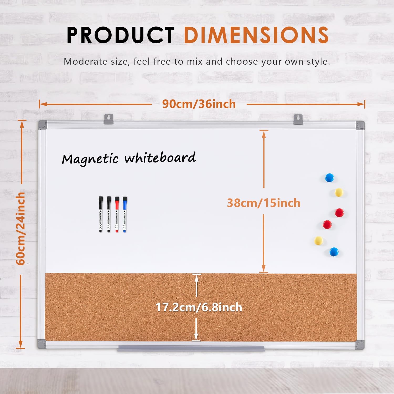 Magnetic Dry Erase and Cork Board Combo Hanging Whiteboard Notice Board for Wall Gift Home School Office, 36 x 24