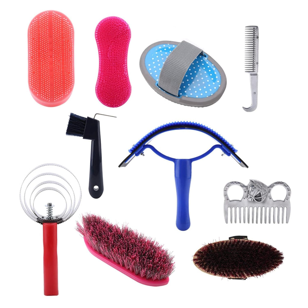 10-Piece Horse Grooming Care Kit – Equestrian Brush & Curry Comb Set with Sweat Scraper, Hoof Pick, and Brushes for