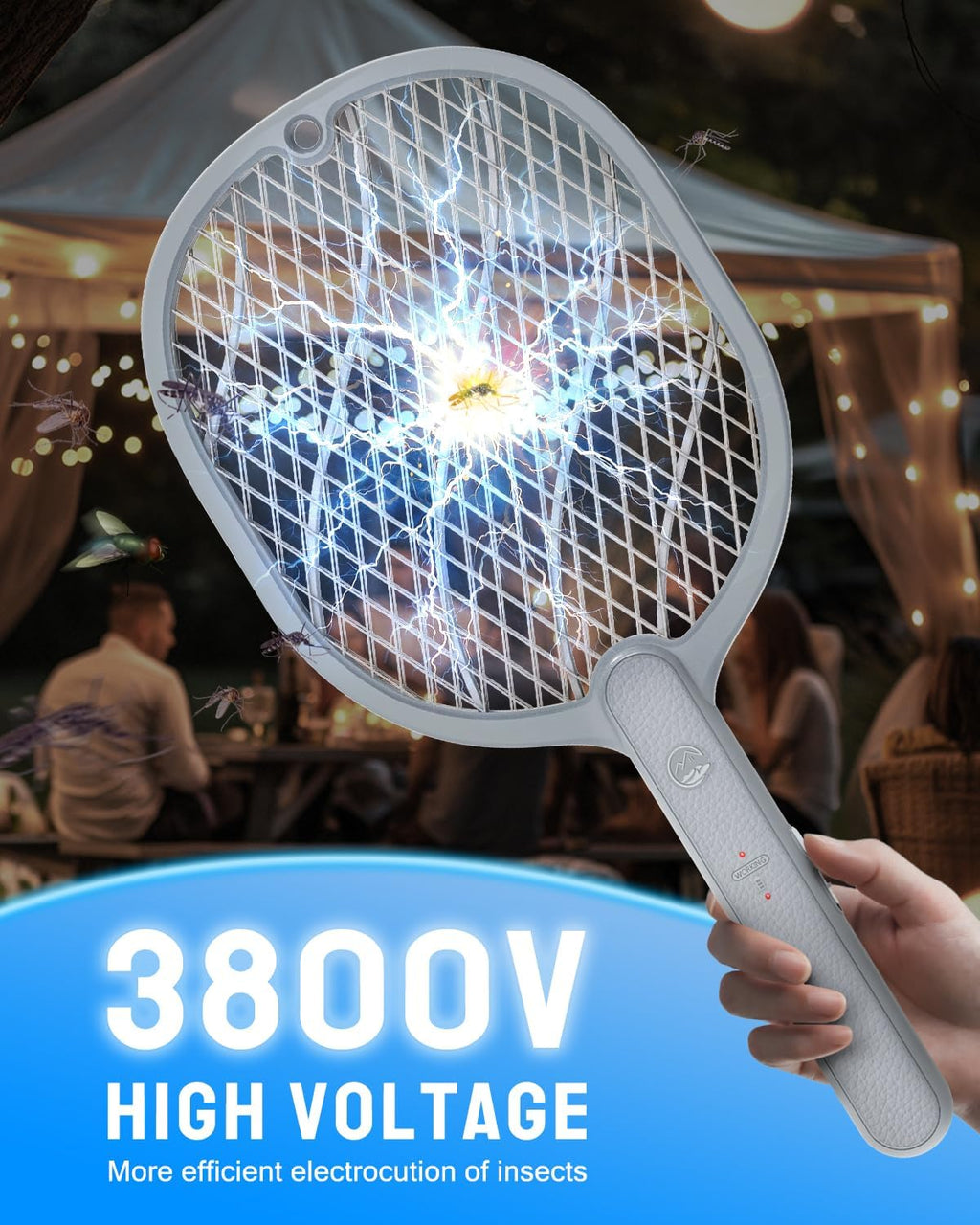 Electric Fly Swatter, 3800V Bug Zapper Racket, Rechargeable 1200mAh Mosquito Killer, 3-Layer Safety Mesh