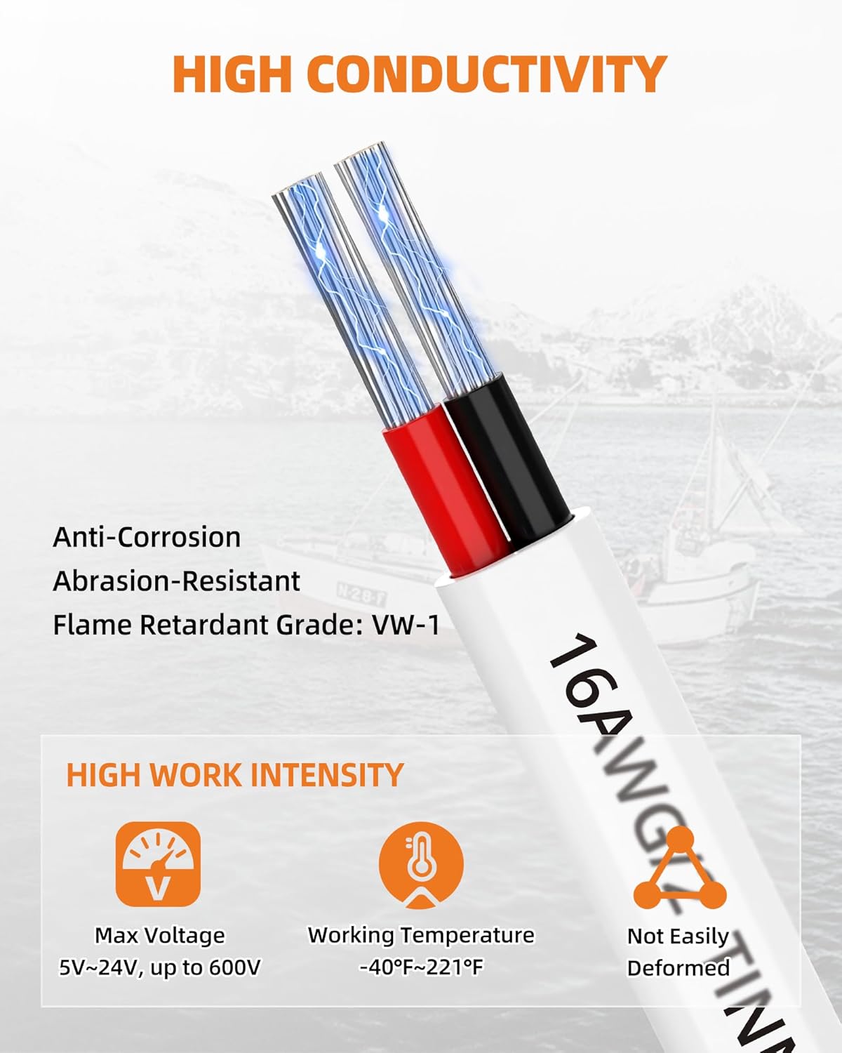 16 Gauge Marine Wire, 16 Gauge Wire Duplex Marine Grade Cable, 100FT | Oxygen-Free Tinned Copper Marine Wire 16