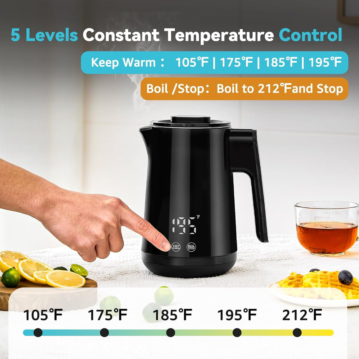 850ml Small Electric Kettle Temperature Control,800W Double Wall Electric Tea Kettle of 304 Stainless Steel,5 Temp
