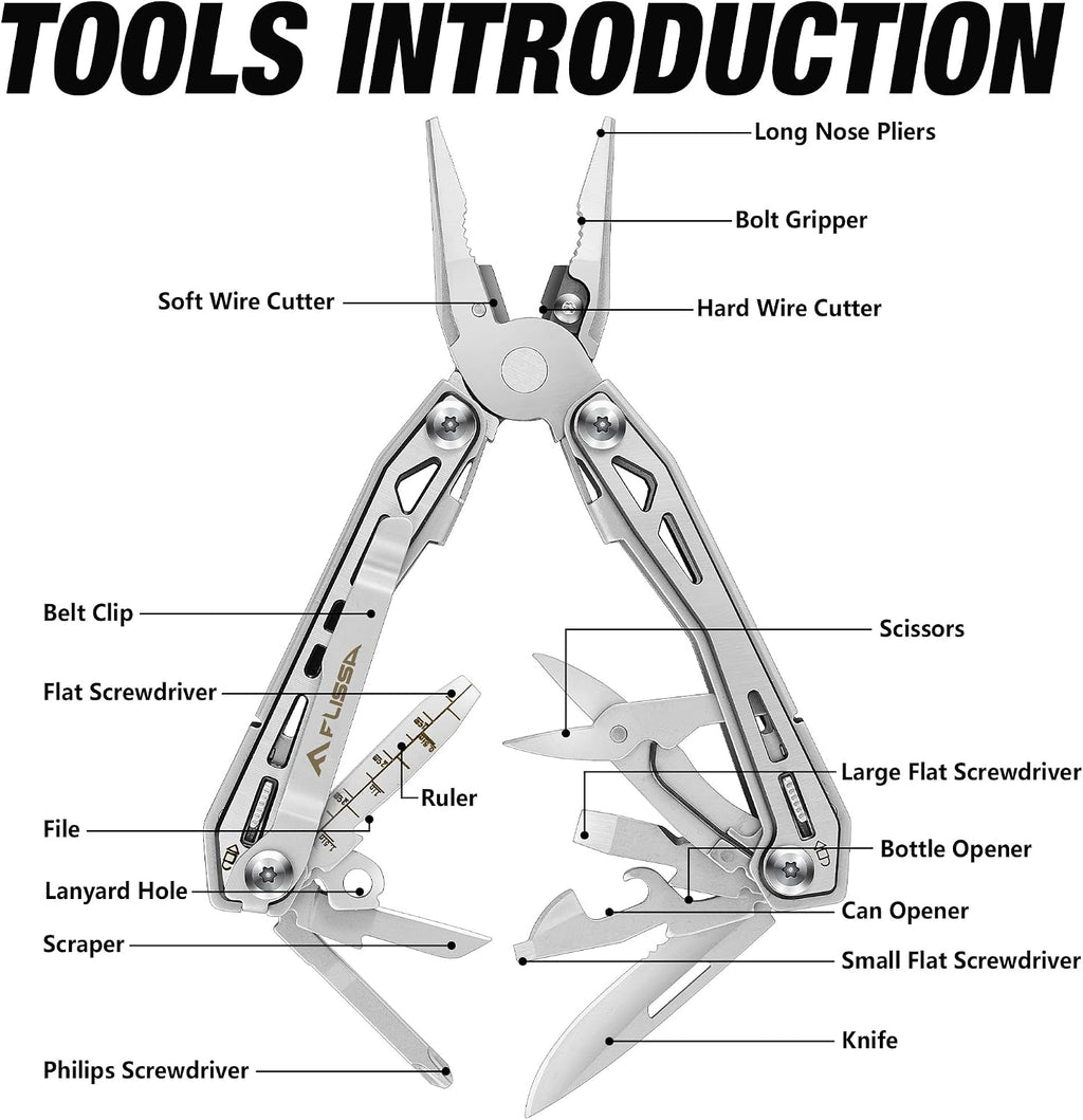 16-In-1 Multi Tool, EDC Multitool, Silver | Gift for Men, Stainless Steel, Pocket Knife, Pliers, Belt Clip, Oxford