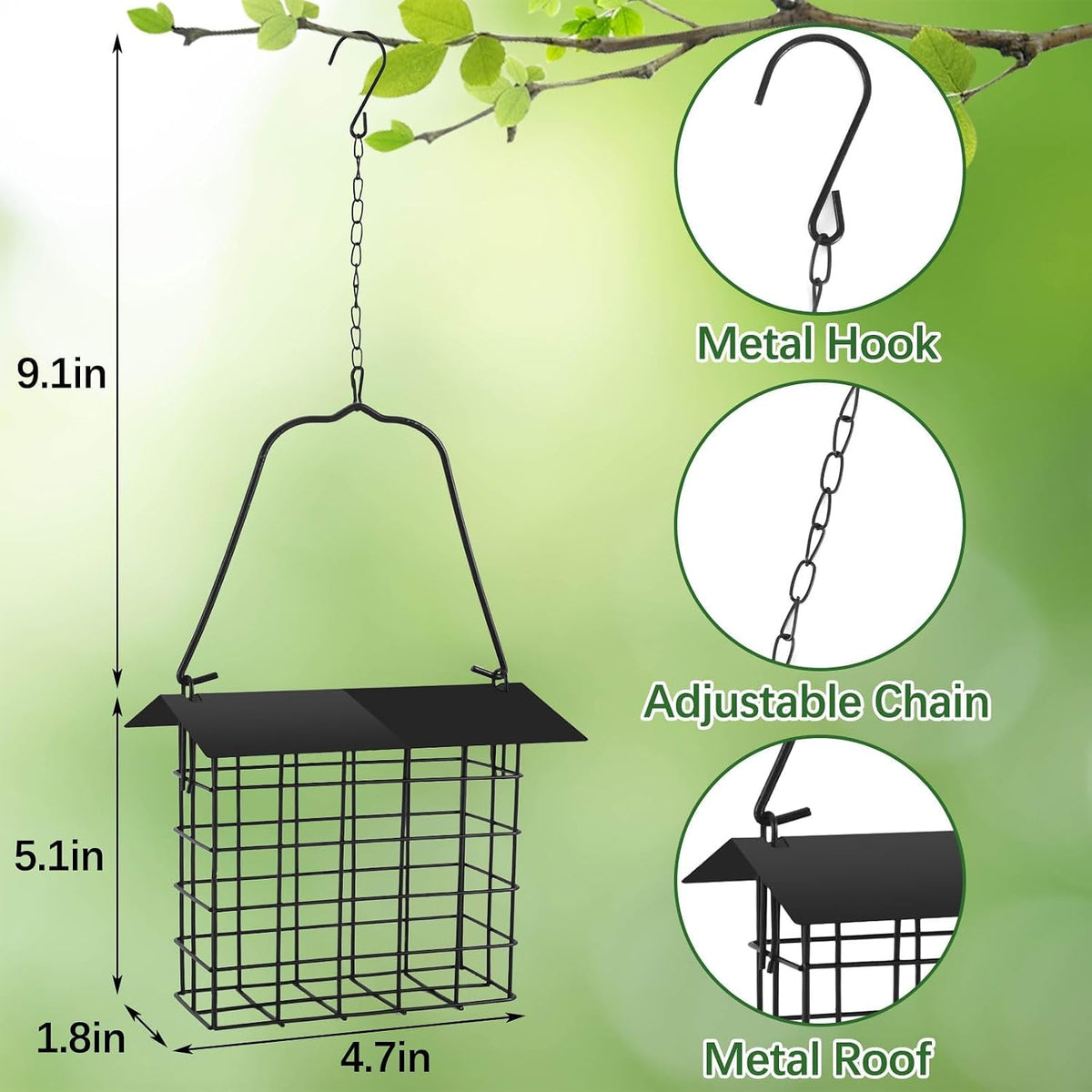 2Pcs Suet Bird Feeder Hanging, Metal Roof Adjustable Chain