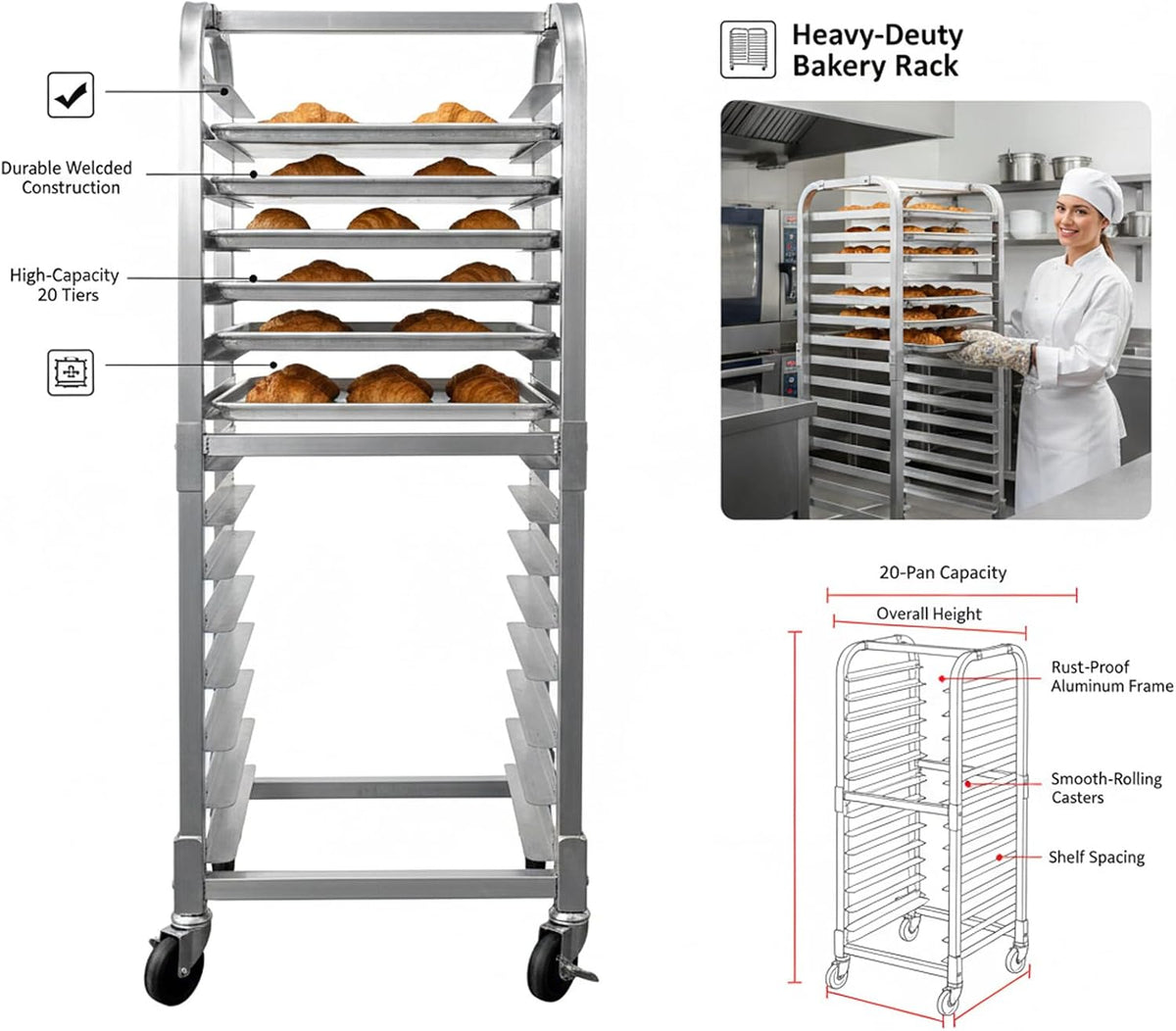 20 Tier Aluminum Bun Pan Rack 20x26x71in Lockable Wheel Trolley