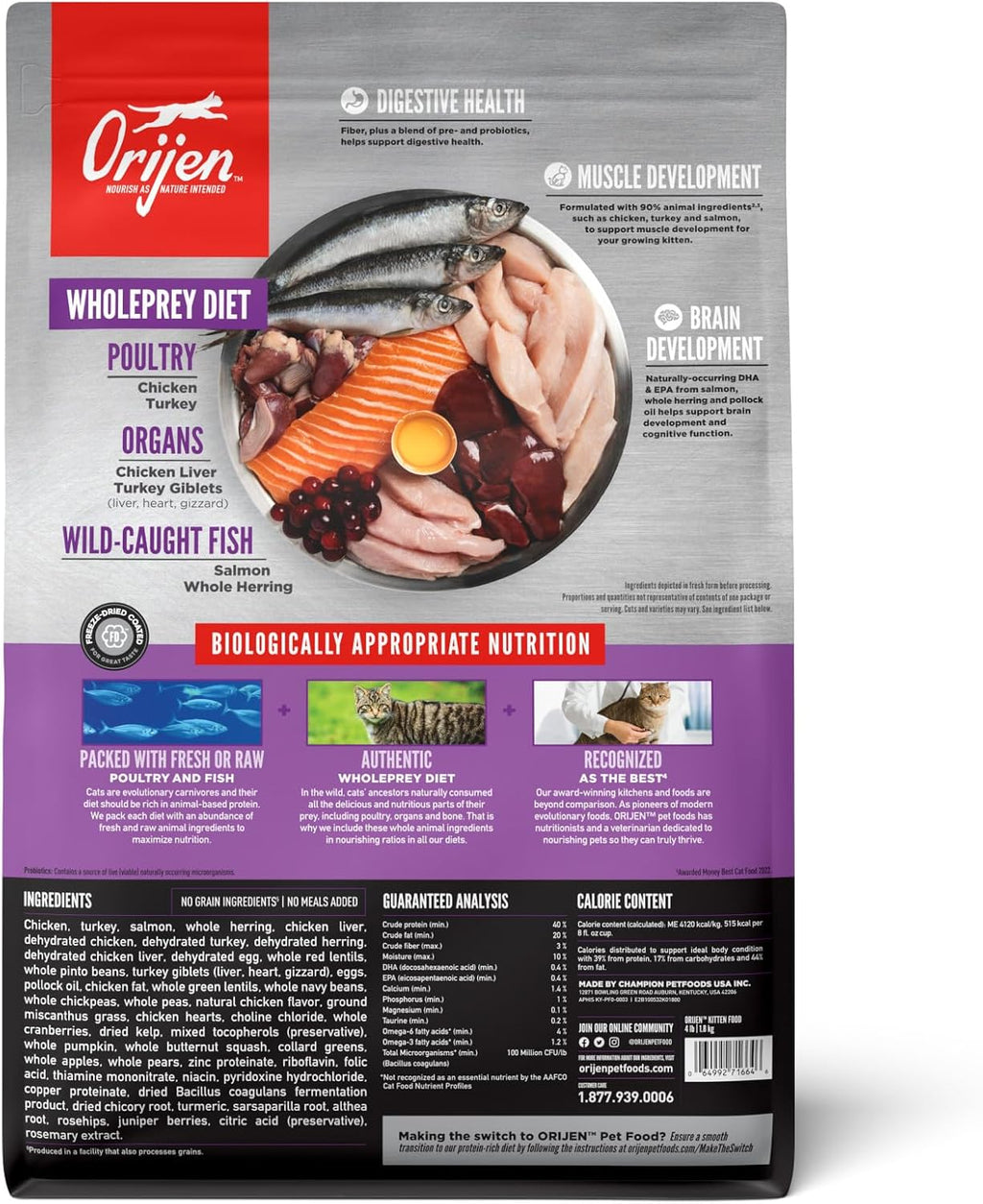 Grain Free WHOLEPREY Dry Cat Food Kitten Recipe 4lb Bag