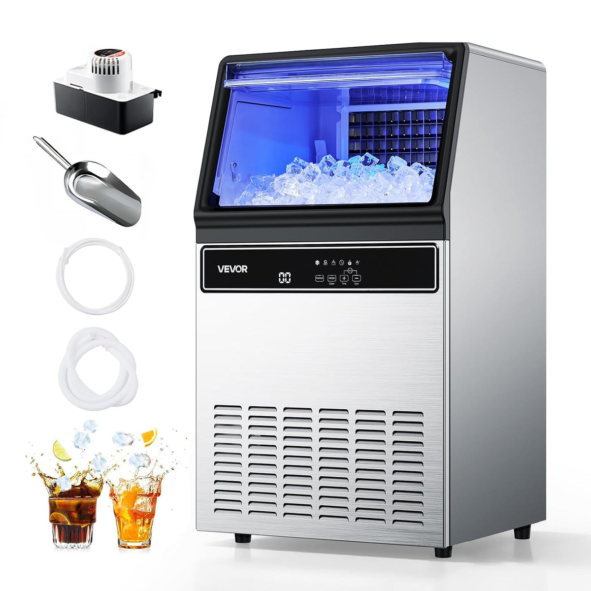 Commercial Ice Maker Machine with Pump, 130Lbs/24H with 33Lbs Storage, 45 Cubes per Cycle, Freestanding & Under