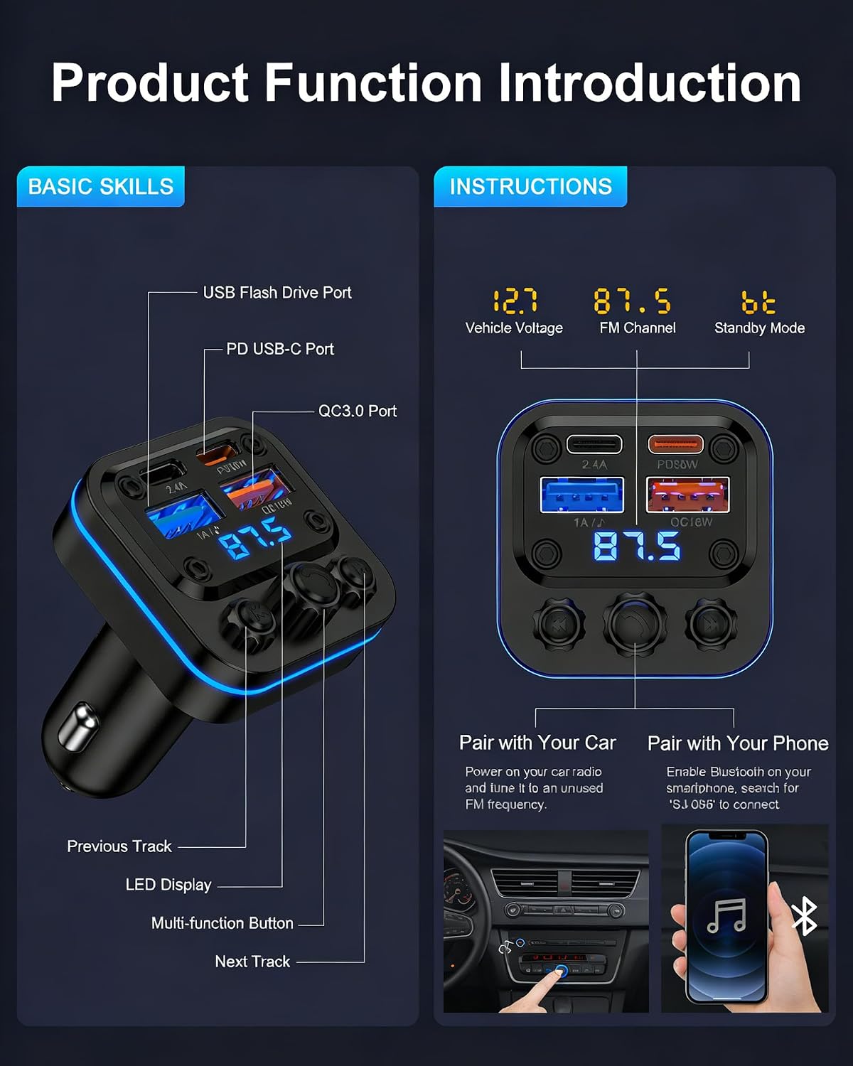 Bluetooth Fm Transmitter for Car, Fast Charging, Blue Tooth 5.4 Car Charger | USB-C USB-A Multi Ports, Wireless Radio