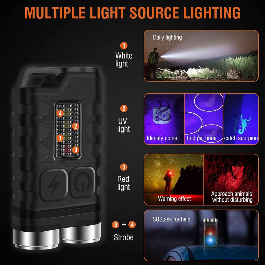V3 Small Powerful EDC Flashlight with Red UV Blue Light -Super Bright Rechargeable Mini Pocket LED Keychain Flash