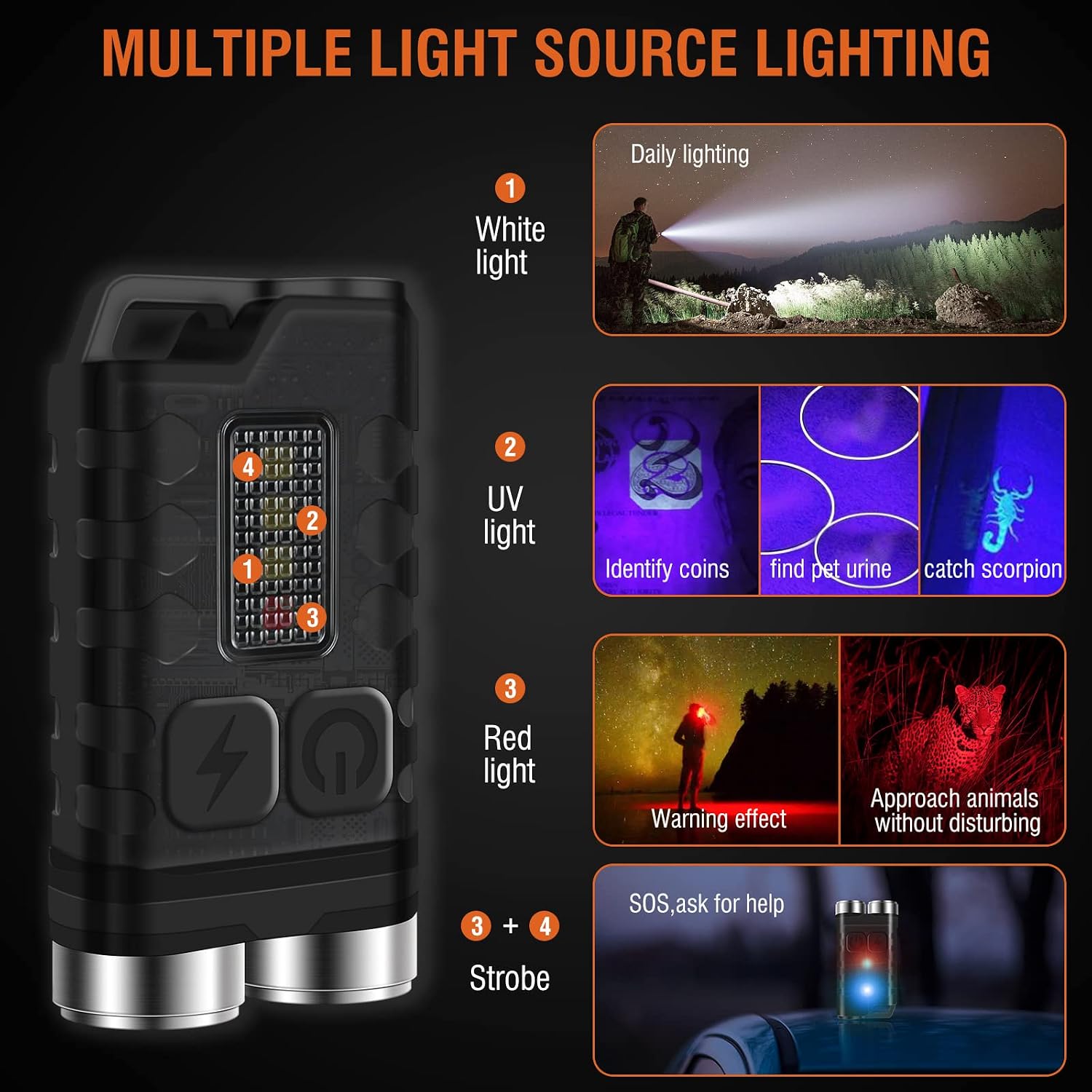 V3 Small Powerful EDC Flashlight with Red UV Blue Light -Super Bright Rechargeable Mini Pocket LED Keychain Flash
