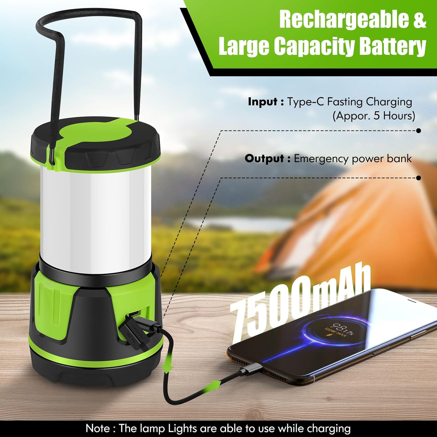 Rechargeable LED Lantern - 3000 Lumens, 5 Light Modes, IP54 Waterproof, 7500mAh Battery, Portable Flashlight for