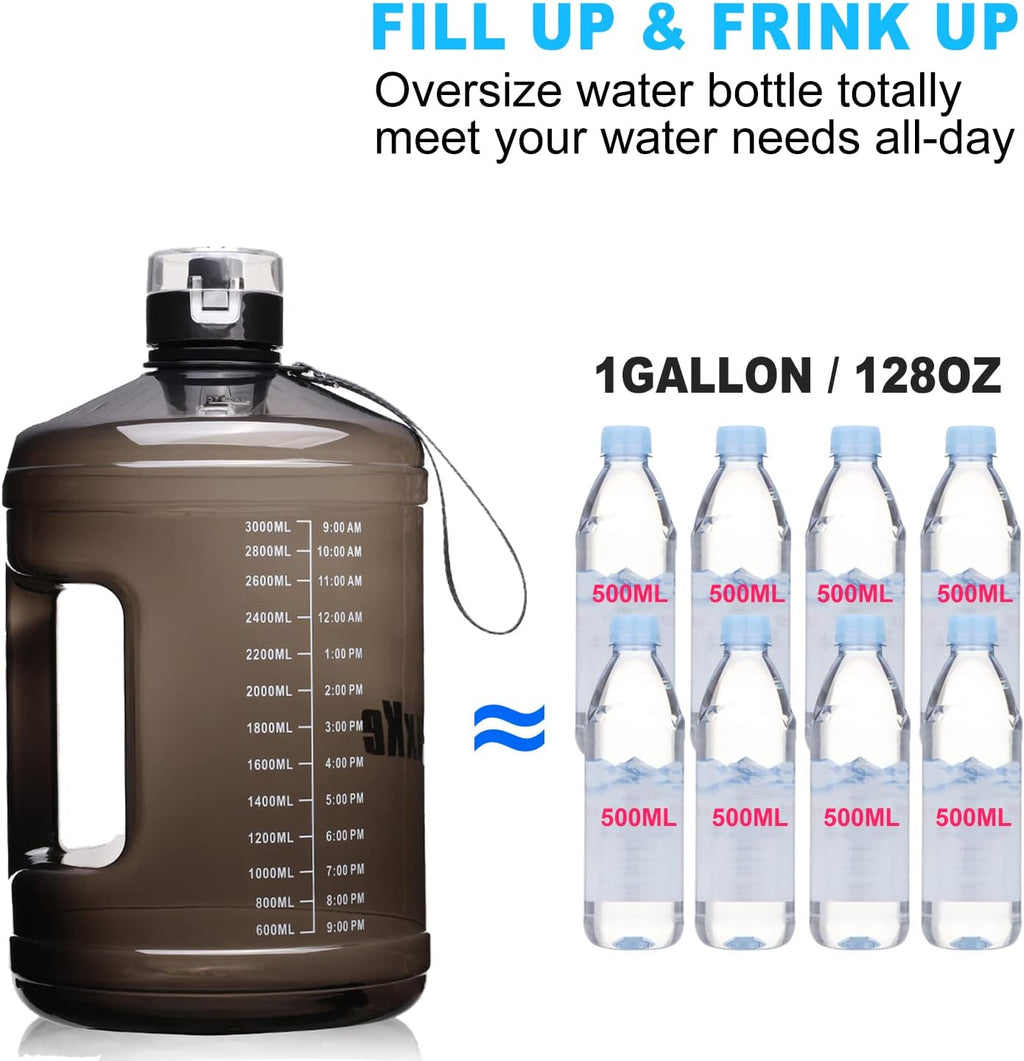 Gallon Big Water Bottle with Handle, 128oz Leakproof BPA Free Fitness Sports Water Bottle with Motivational Time