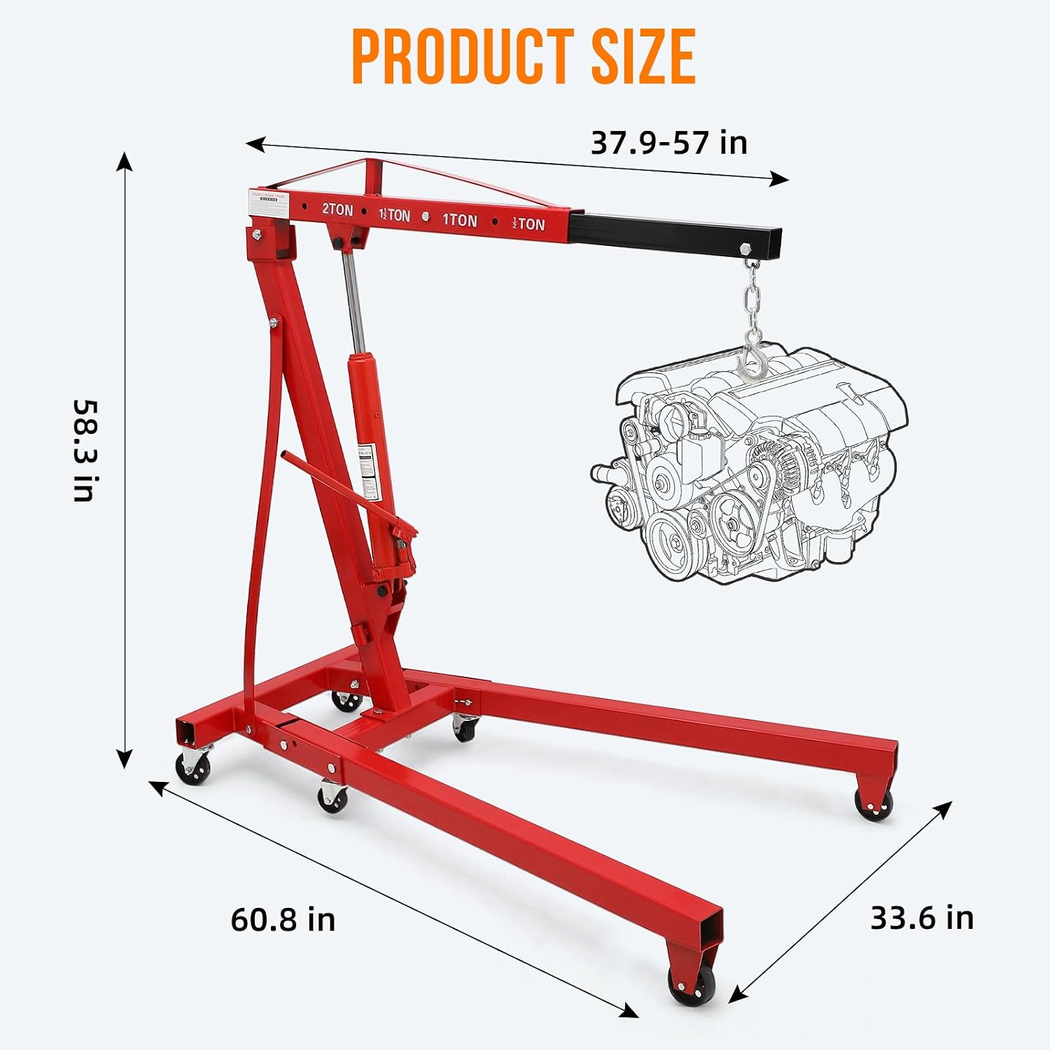2 Ton Heavy Duty Folding Engine Hoist, Hydraulic Cherry Picker with Casters, Telescopic Boom for Workshop Garage Auto