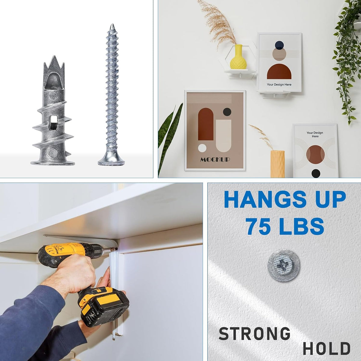 Zinc Self-Drilling Drywall Anchors with Screws Kit, 104 Pack 3 Size, 52 Heavy Duty Metal Wall Anchors and 52 Screws