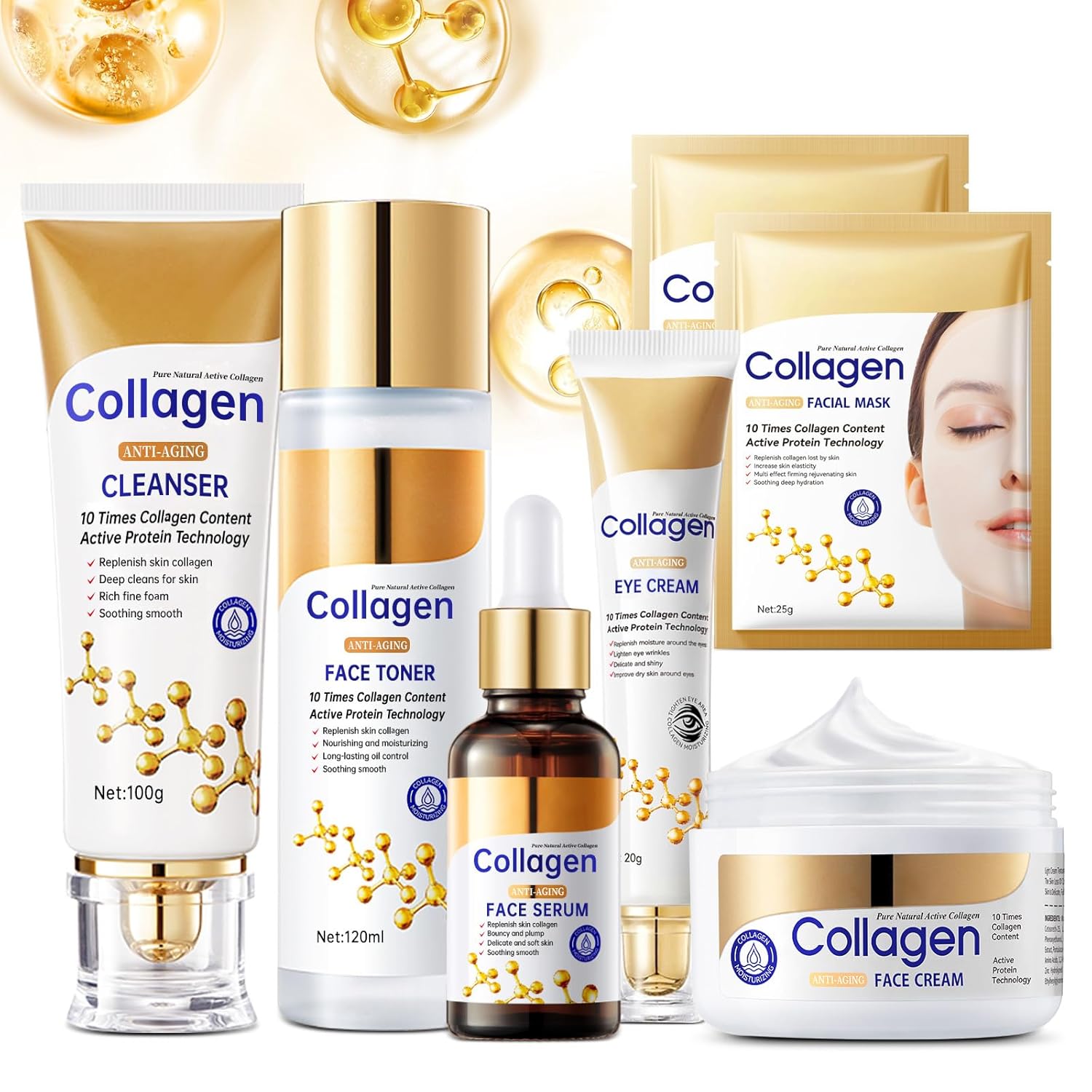 Collagen Skin Care Set, Anti Aging Skincare Set for Wrinkles & Fine Lines, Shrink Pores, Hydrate & Firm Skin, 7 Pcs