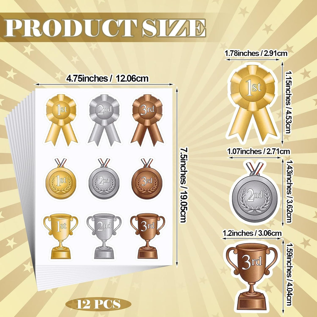 108 Pcs Assorted Award Ribbon Stickers Self Adhesive Gold Silver Bronze Medals Classic Trophy Rosette 1st 2nd 3rd