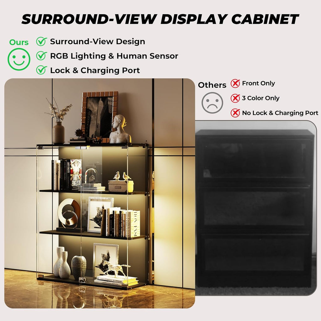 Glass Display Cabinet with RGB LED Lights, Full-View Display, 3-Tier Display Case with Glass Doors for Collectibles