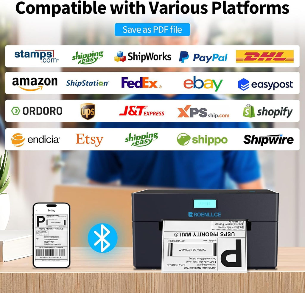 Thermal Shipping Label Printer, 4x6 Bluetooth Shipping Printer for Small Business, Compatible with Windows, Mac, iOS
