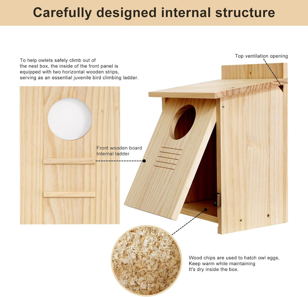 Owl House for Outdoors - Wood Owl Nesting Box for Wild Screech Owls, Waterproof & Ventilated Bird House with Predator